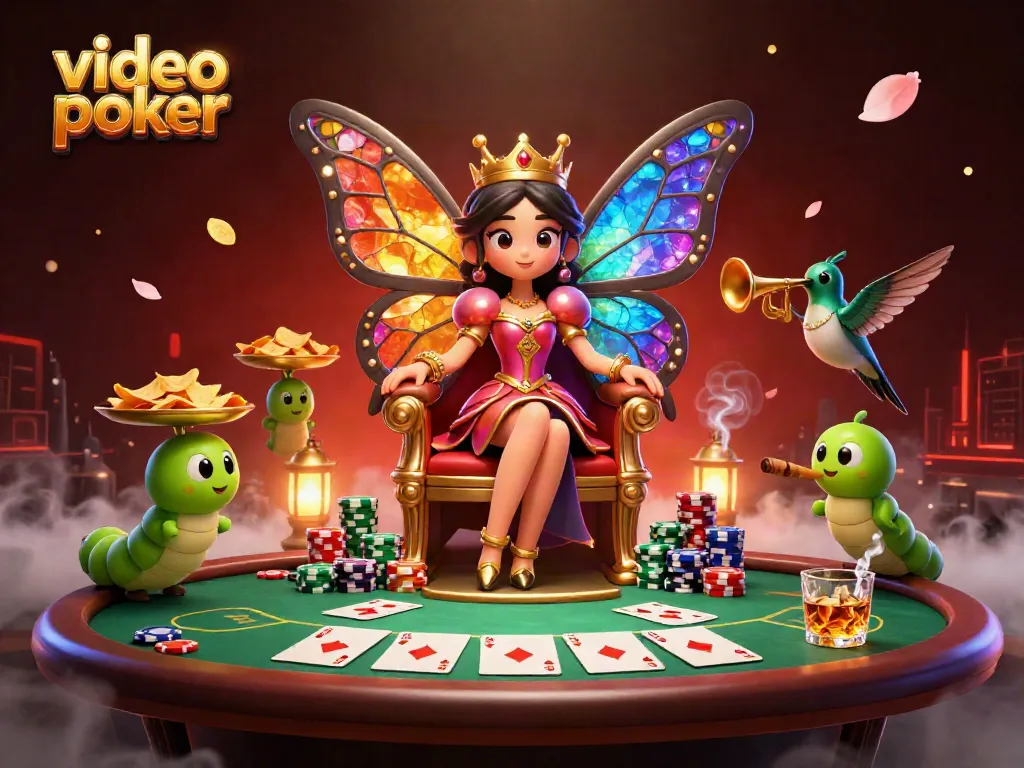 Experience the excitement of video poker with an enchanted butterfly queen amidst vibrant casino elements.