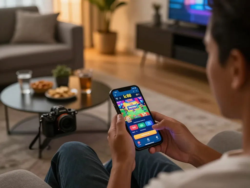 Player engaging with the lc 88 casino app on smartphone, showcasing vibrant games in a cozy home setting.