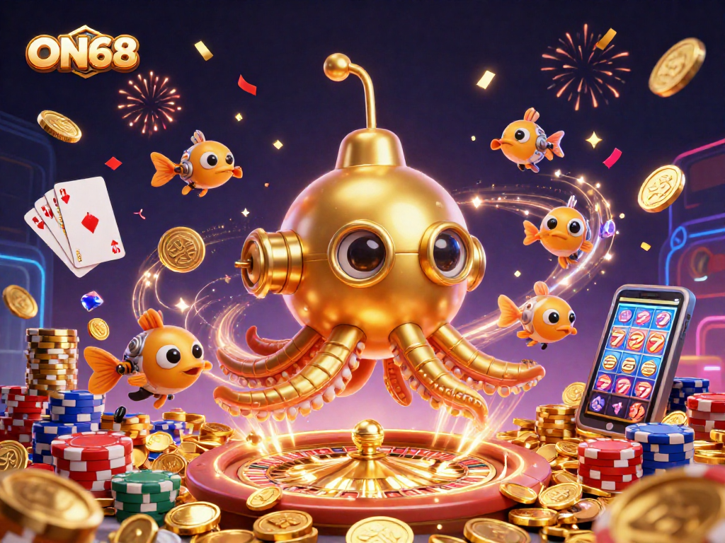 Engage with ON68's thrilling gameplay featuring a 3D kraken submarine and vibrant casino elements.