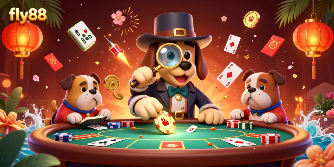 Experience thrilling poker action with fly88 as a cartoon detective searches for clues amidst vibrant casino elements.