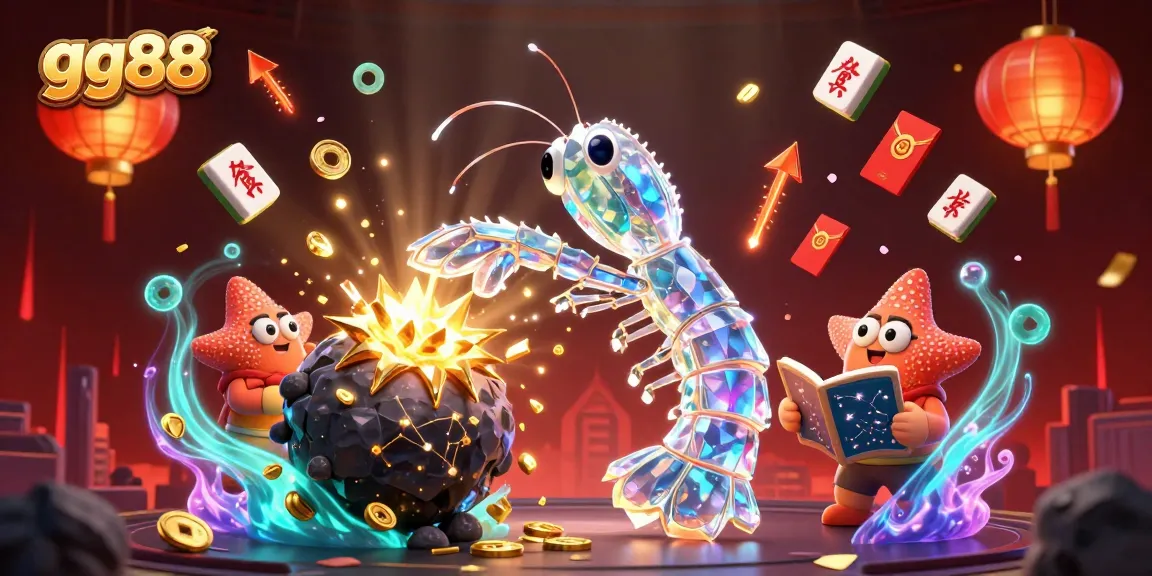 Experience thrilling luck with gg88 as the mantis shrimp breaks through gems in a vibrant casino illustration.
