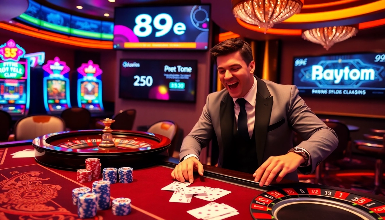 Jogador entusiasmado na mesa luxuosa do cassino 89e, exibindo fichas de poker e cartas.