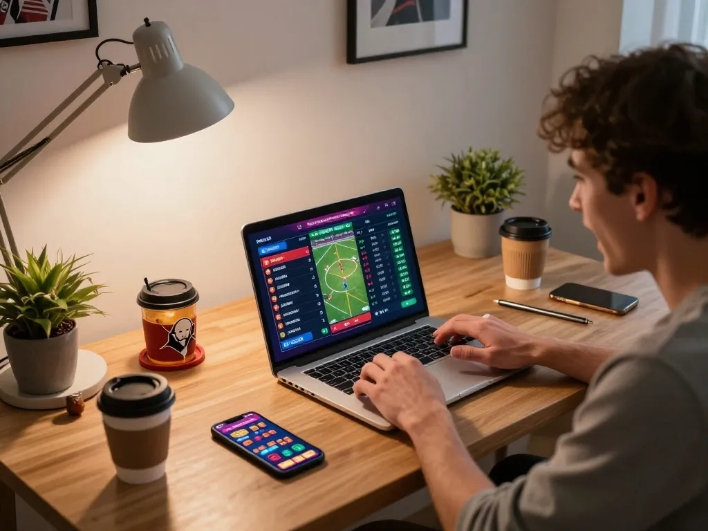 75W sports betting enthusiast analyzing odds on a laptop in a modern home office
