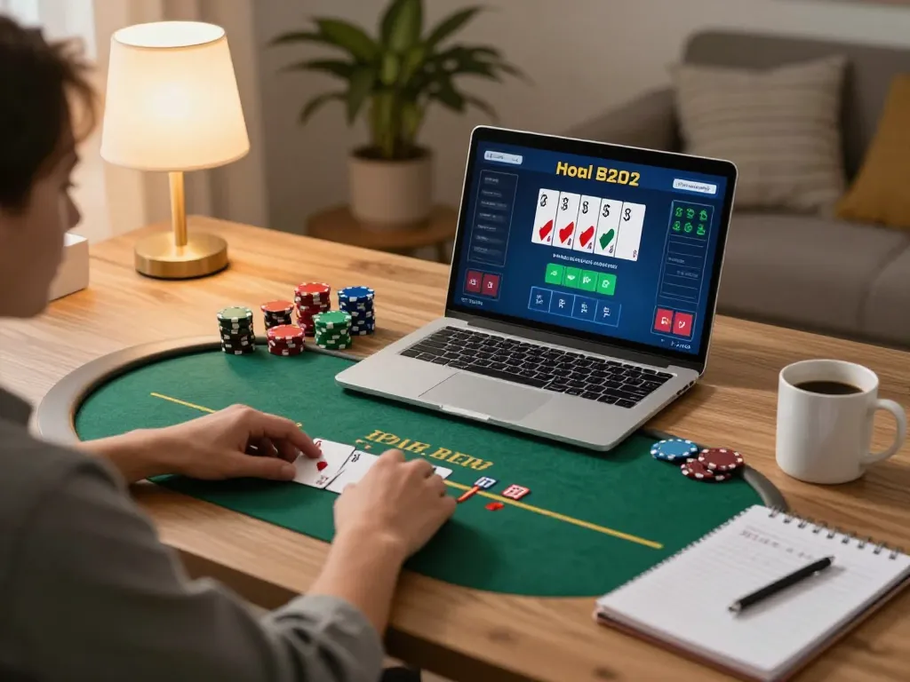 AA888 player engaged in online poker with a cozy home setup and strategy notes.