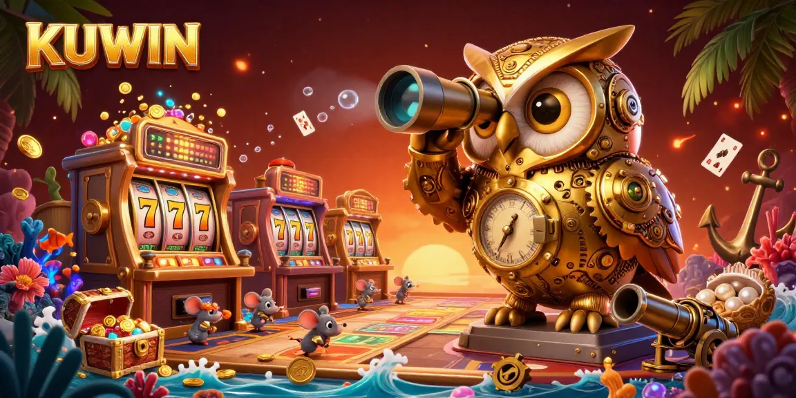 KUWIN casino scene featuring a golden owl and lively mice around slot machines with gold coins and colorful gems.