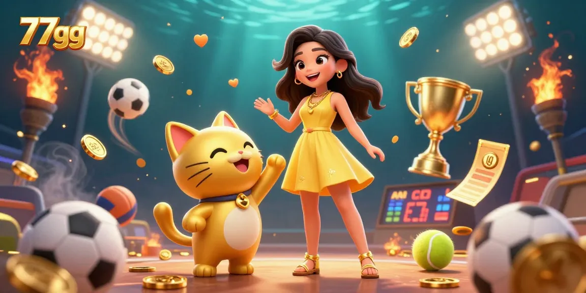 Experience thrilling betting with 77gg as a joyful woman celebrates with a lucky cat amidst dynamic sports elements.