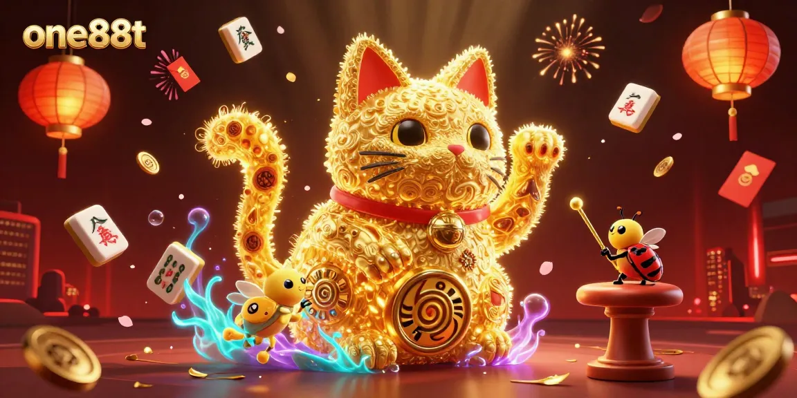 Engage with dynamic games at one88t, featuring a vibrant lucky cat and casino symbols in a lively scene.