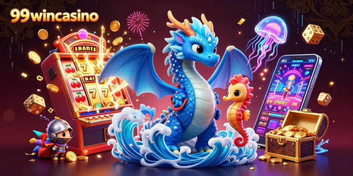 Immerse in the excitement of 99wincasino with a vibrant 3D illustration of mythical creatures and casino elements.