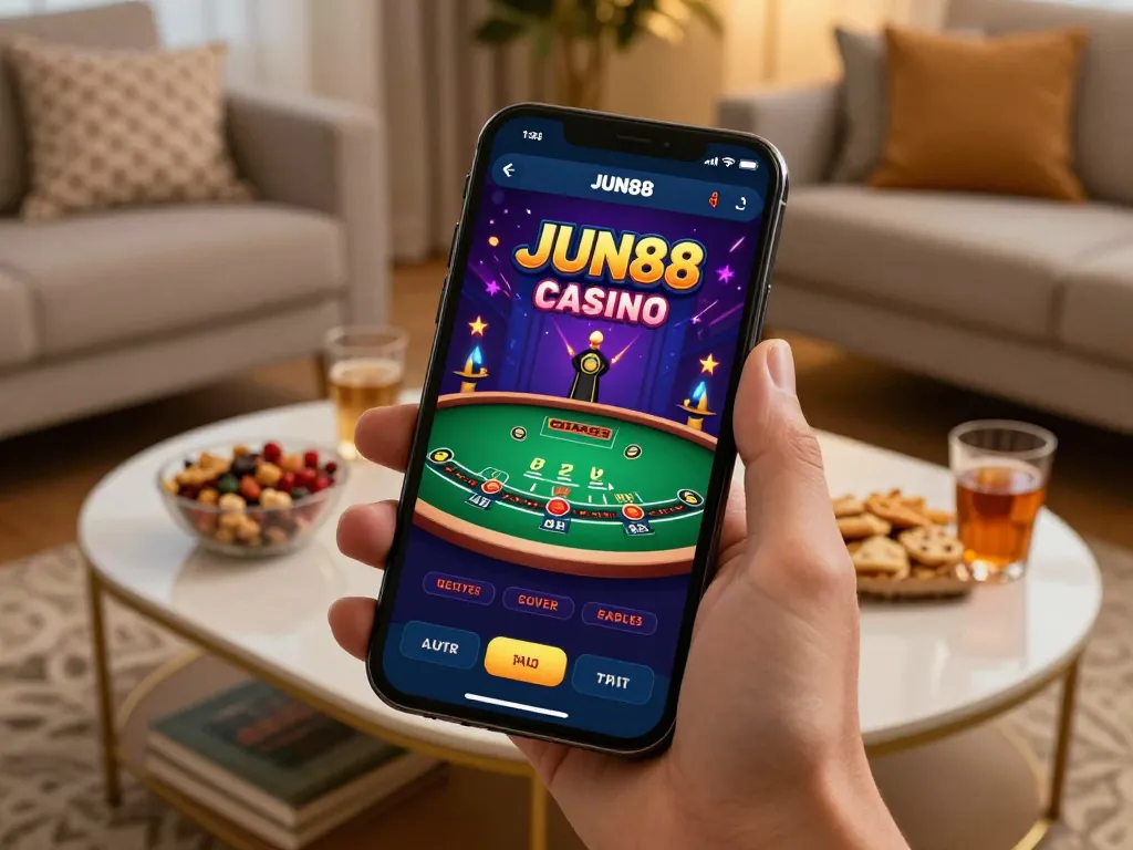 JUN88 mobile app showing live dealer blackjack gameplay, enhancing home gaming experience with engaging atmosphere.