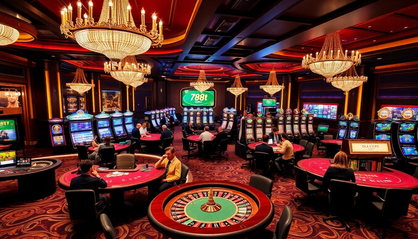 Engaging casino scene featuring players at 788t tables, highlighted by vibrant lighting and luxury.