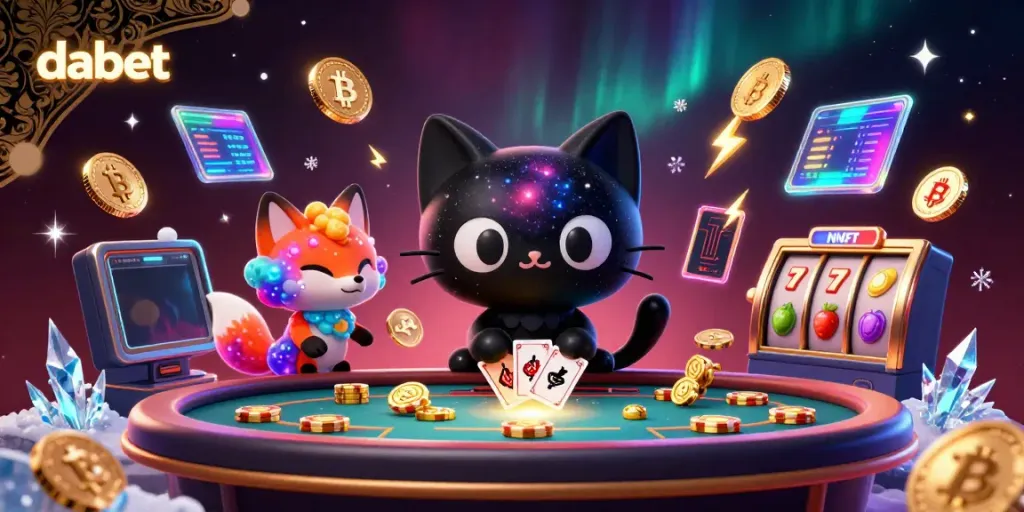 Dabet's cosmic casino scene featuring a black hole cat and nebula fox surrounded by vibrant gaming elements.