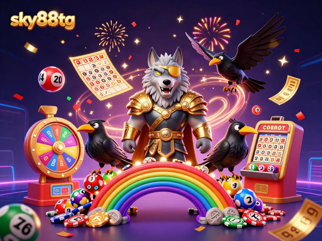 Experience thrilling gameplay at sky88tg with vibrant lottery games, casino icons, and festive elements.