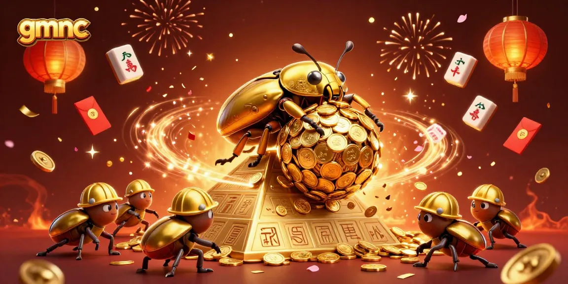 Experience gmnc's thrilling journey as a golden beetle navigates a pyramid of riches amidst vibrant casino elements.