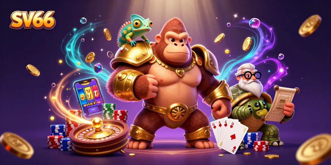 Experience the excitement of SV66 with a powerful gorilla king, chameleon spy, and wise tortoise in a vibrant casino scene.