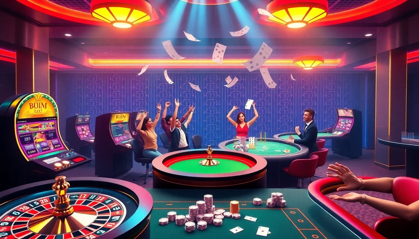 Experience exciting gaming action at ทางเข้า soibet ล่าสุด with vibrant slot machines and roulette wheels.