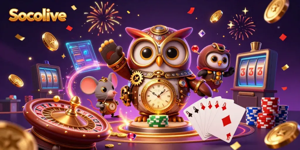 Socolive captures action with a steampunk owl and mouse in a lively casino environment.