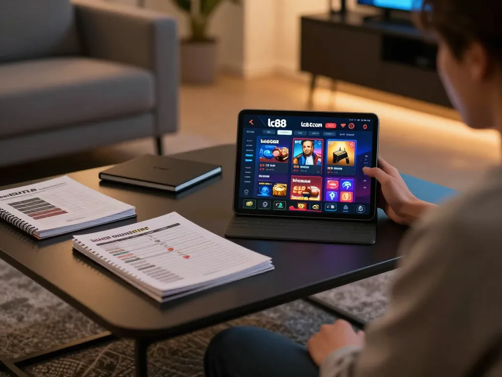 Person playing games on lc88 com with tablet, showcasing online casino experience.