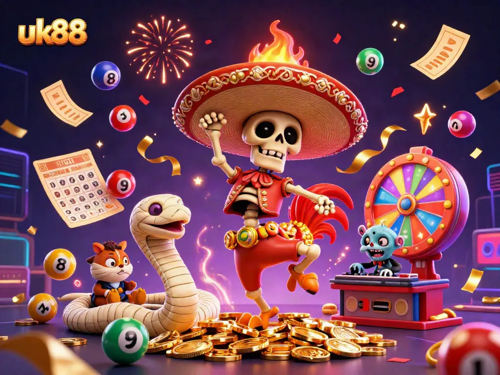 Experience thrilling wins at uk88 with a vibrant 3D casino scene showcasing festive characters and dynamic gambling elements.