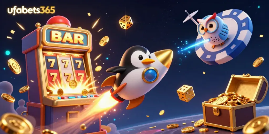 Experience the thrill with ufabets365 as the golden penguin blasts off toward a vibrant casino space.