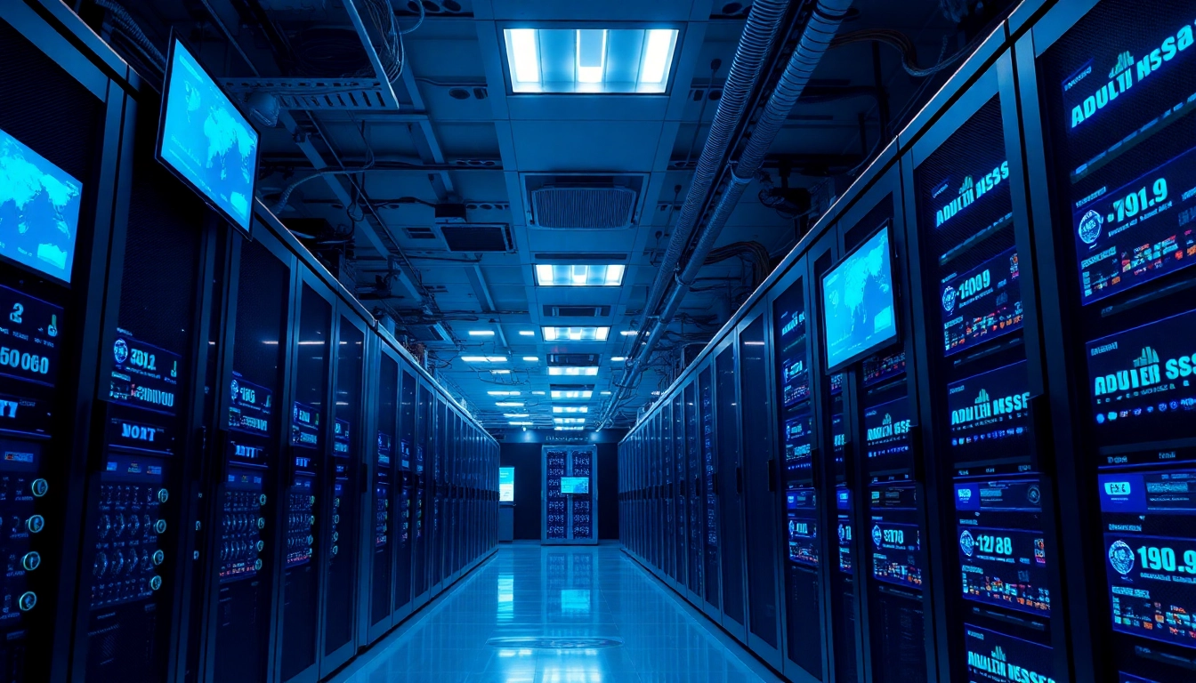 Visualize adult web hosting benefits with a dynamic data center filled with servers and performance metrics.