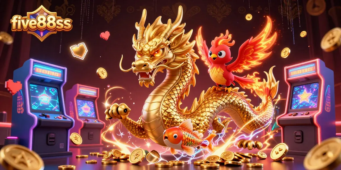 Experience thrilling gameplay with five88sss, featuring a golden dragon, phoenix, and koi fish in an engaging casino scene.
