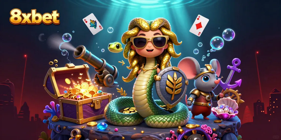 8xbet's Medusa and warrior mouse promote thrilling gameplay amidst vibrant casino visuals.