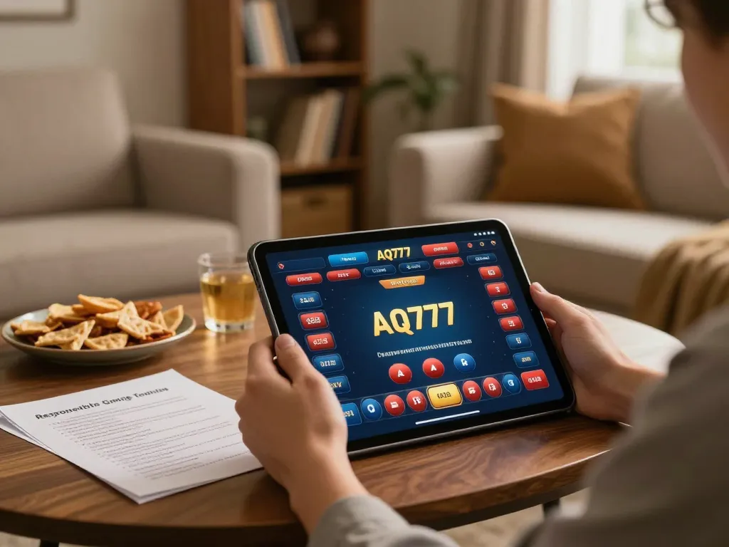 Uma pessoa desfrutando de jogos online no AQ777 enquanto está confortável em casa em uma atmosfera convidativa