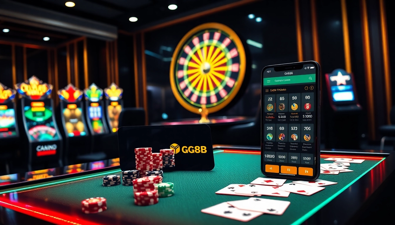 A vibrant online gambling scene showcasing the gg88 apk on a smartphone, with poker chips and a roulette wheel emphasizing the excitement.