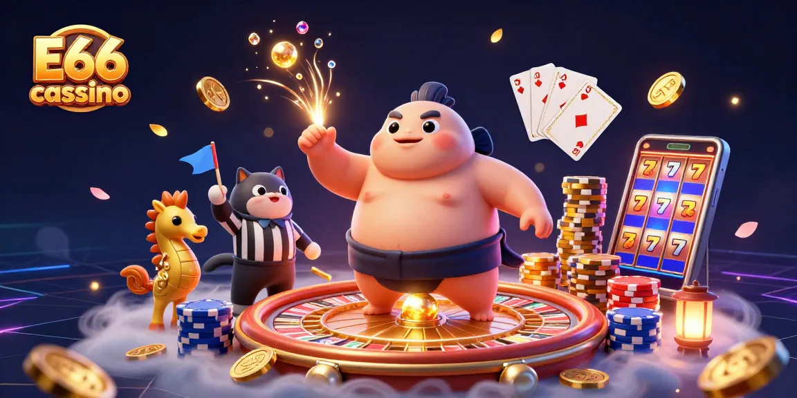Jogar no E66 cassino e ganhar prêmios com uma ilustração vibrante de um cassino online lotado.