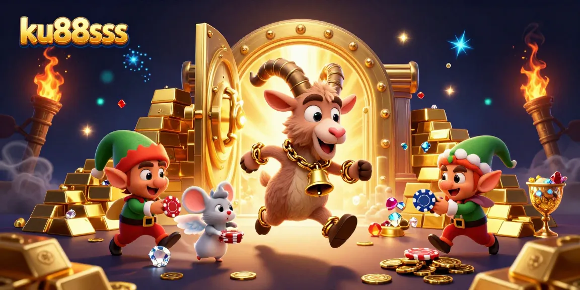 ku88sss features a festive casino scene with Krampus and whimsical characters engaging in fun gambling action.