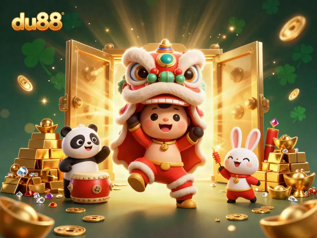 Experience du88 excitement with lively characters in a dynamic 3D casino scene filled with treasure.