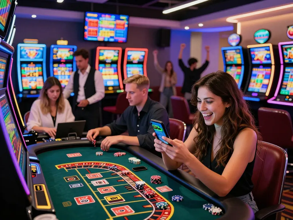 Excited player using the Onbet app in a vibrant casino setting full of action and games.