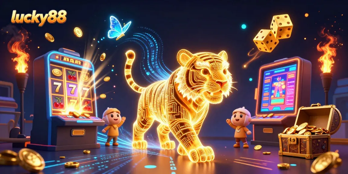Win big with lucky88's thrilling slot machine jackpot in this vibrant 3D casino illustration.
