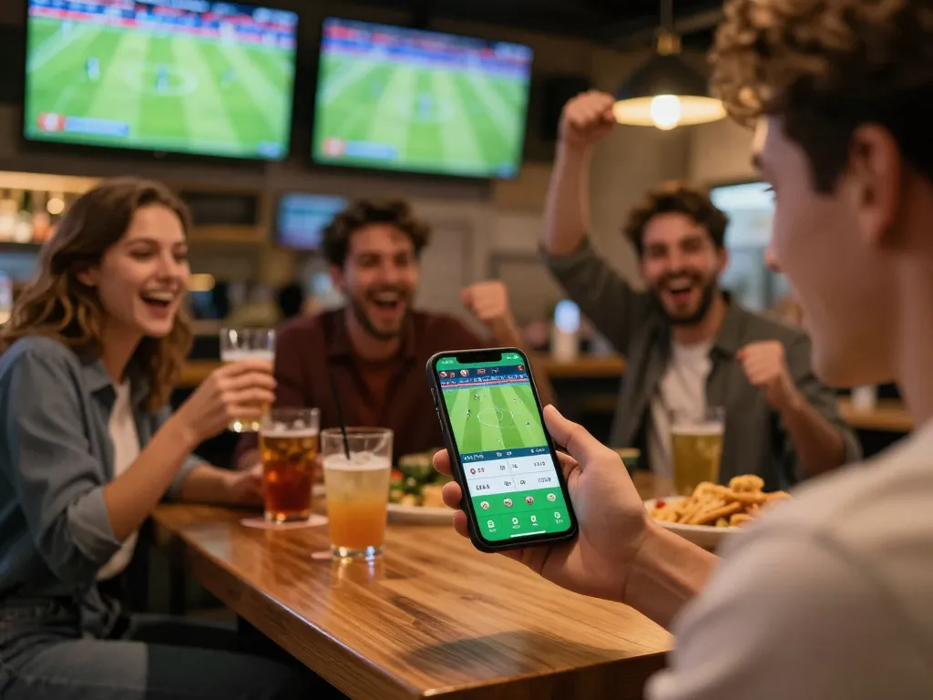 Socolive user placing soccer bets on mobile app in a lively sports bar, exciting engagement captured.