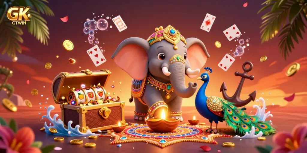 Experience the excitement of GTWIN slots with a colorful illustration of a decorated elephant and casino elements.