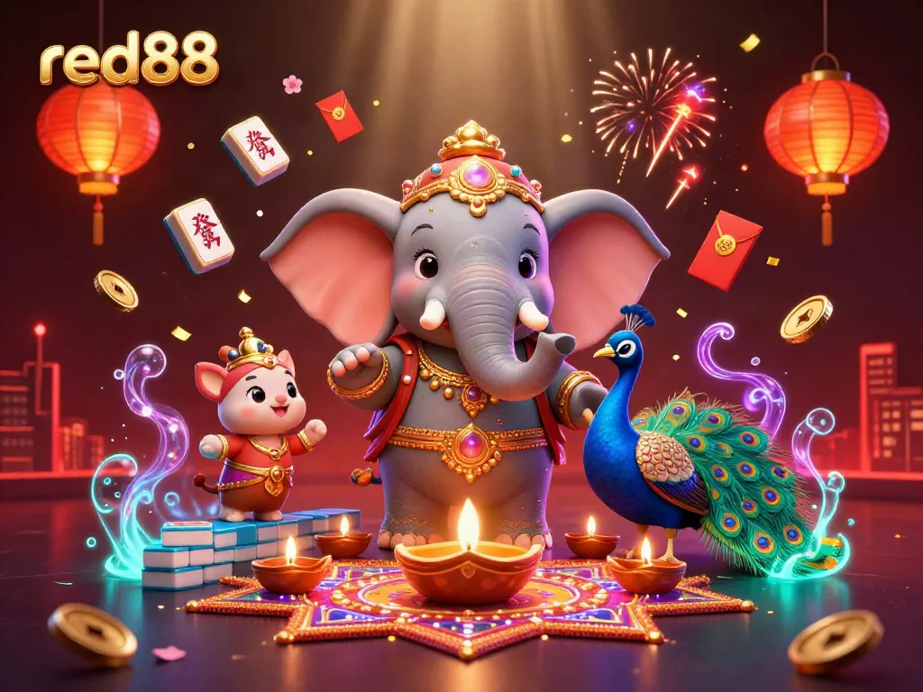Experience the vibrant energy of red88's 3D digital illustration featuring a Diwali-themed elephant and rich casino elements.
