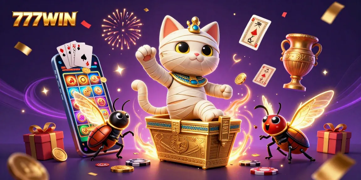 Experience thrilling gaming action with 777WIN, featuring a 3D Egyptian mummy cat and engaging slot visuals.
