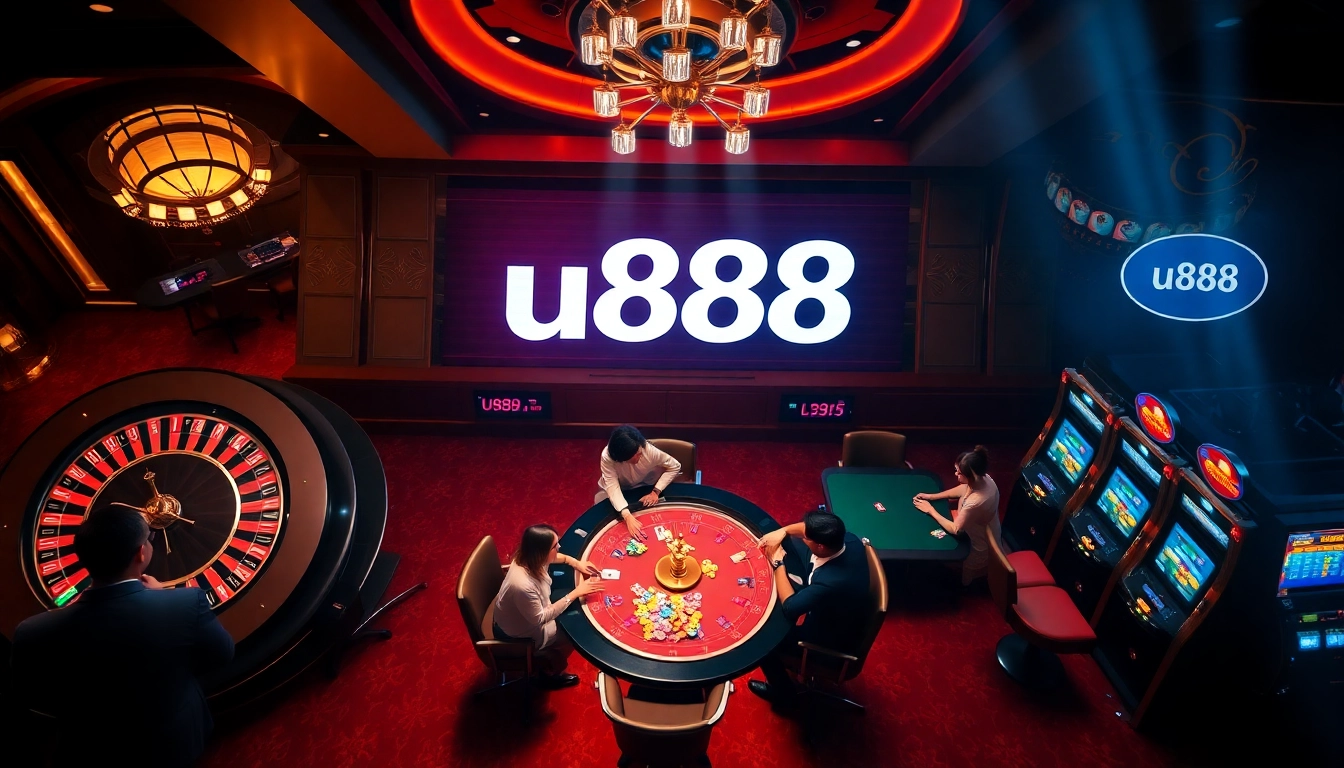 Excited players at u888 casino table with vibrant chips and betting slips.
