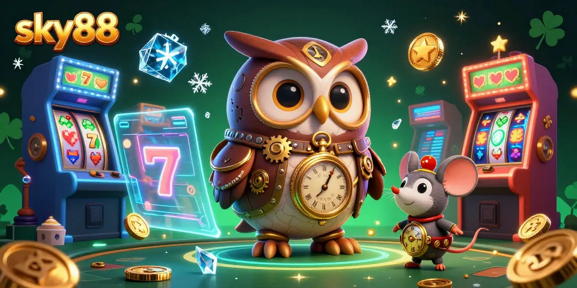 Engage in thrilling slot adventures at sky88 with a steampunk owl and vibrant casino elements.