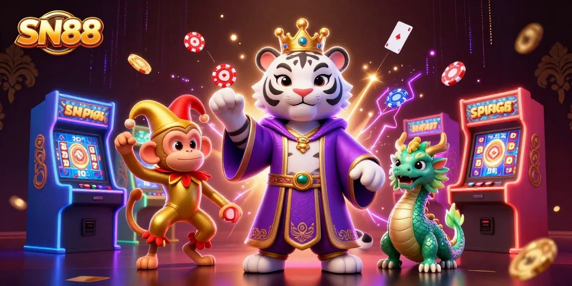 SN88 players enjoy a vibrant casino experience with colorful slots and dynamic characters.