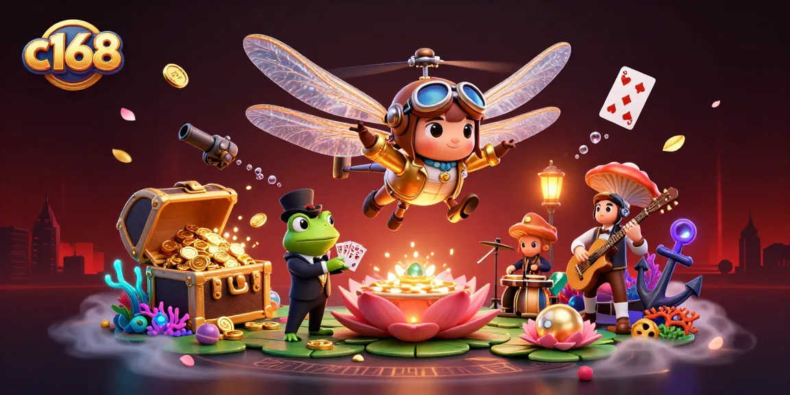 Play and win at c168 with a thrilling illustration featuring a dragonfly pilot, frog dealer, and lively jazz band.