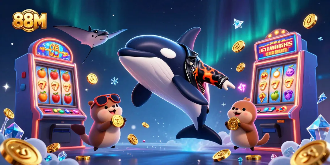 Experience thrilling action at 88M's vibrant slots with a playful scene featuring characters and golden coins.