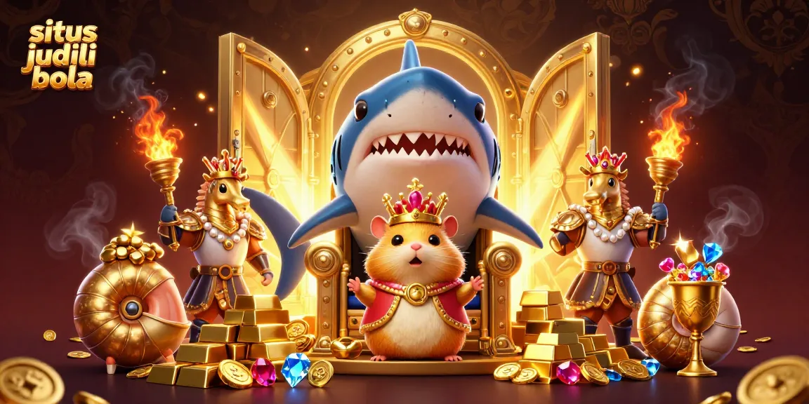 Mengakses situs judi bola dengan raja hamster emas di tahta gigi megalodon, dikelilingi harta dan cahaya gemerlap.