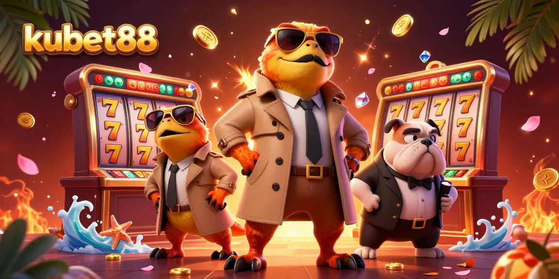 Kubet88 casino illustration featuring cartoon raptors and a bulldog bouncer surrounded by slot reels and golden elements.