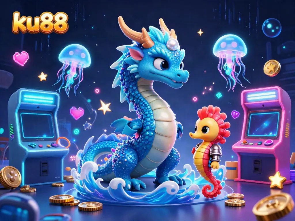 Play thrilling games at ku88 with a magical underwater theme, featuring a dragon and seahorse knight.