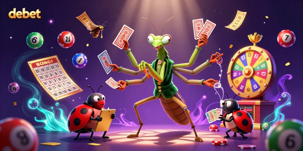 Engaging debet online gambling scene featuring a praying mantis dealer and ladybug pit boss.