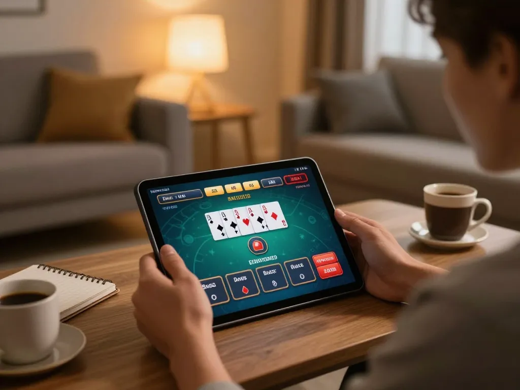 Player enjoying online poker gameplay on tablet at home with 789win77 app interface visible