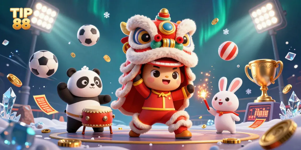 Engage with TIP 88 in an energetic casino-themed scene featuring a lion dance, panda, and lively game elements.