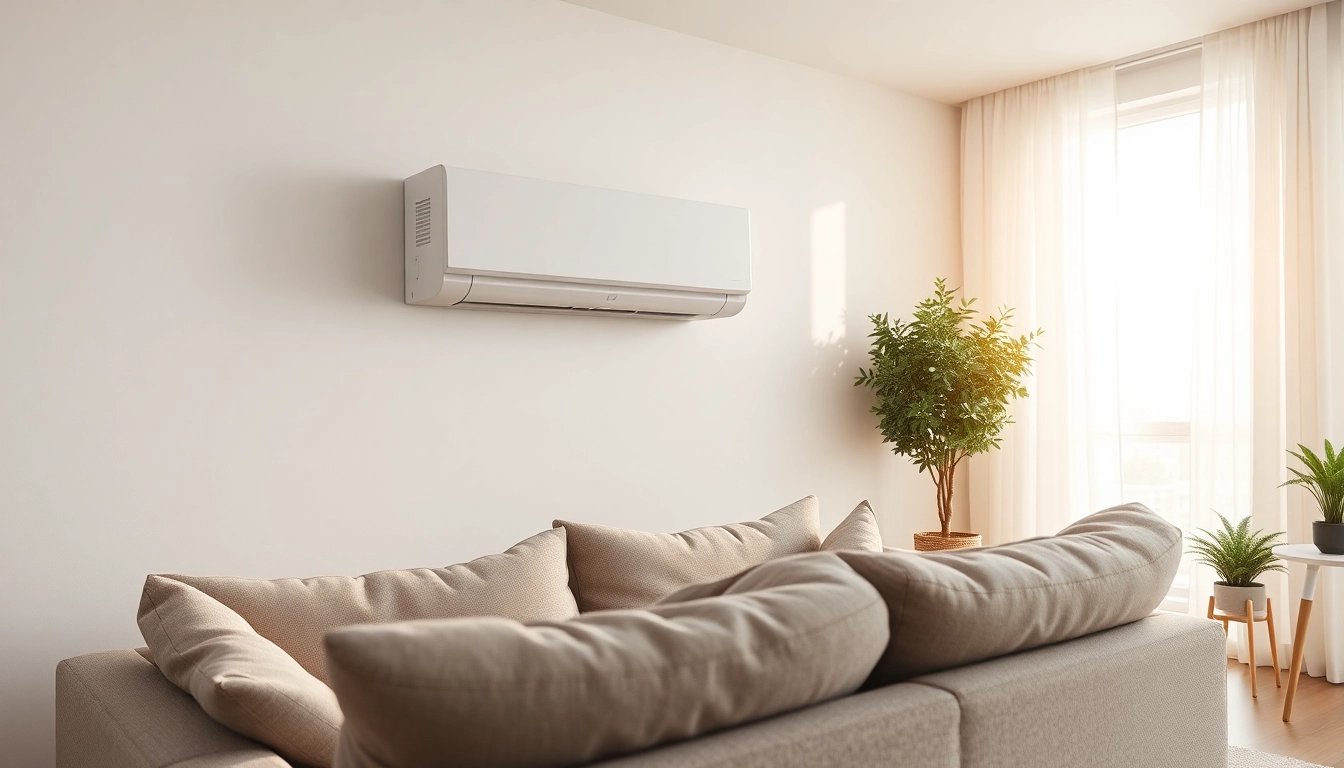 Install a mini split ac unit in a bright, modern living room with stylish decor.