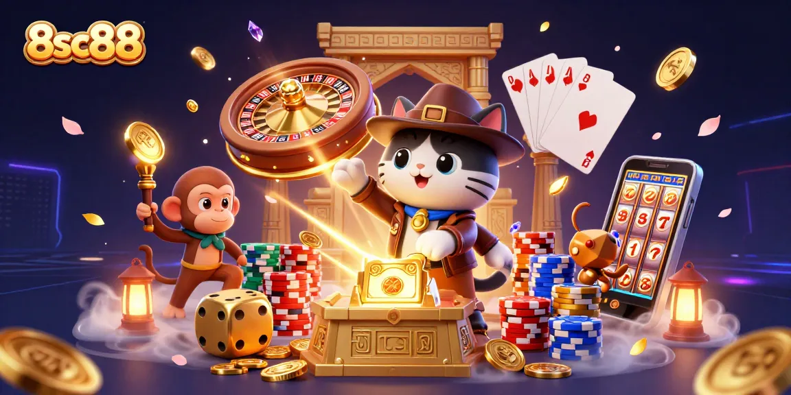 Bet on big wins at 8sc88 casino with an explorer cat discovering treasures amidst a casino-themed treasure hunt.